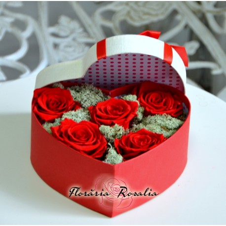 Cutie inima cu 5 trandafiri stabilizati