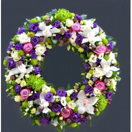 Coroana alb-mov cu orhidee