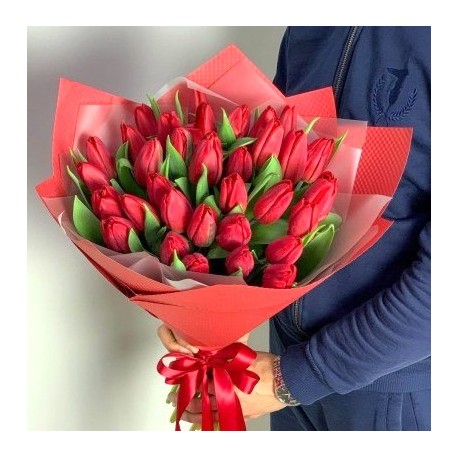 Buchet 31 lalele alb-rosii